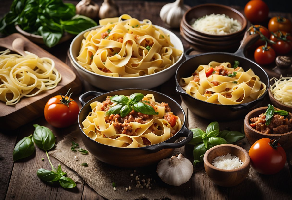 Um prato fumegante de tagliatelle ao ragù repousa sobre uma mesa de madeira rústica, cercado por ingredientes frescos como tomates, alho e manjericão. Uma panela borbulha no fogão, preenchendo a cozinha aconchegante com o rico aroma do tradicional prato à bolonhesa.