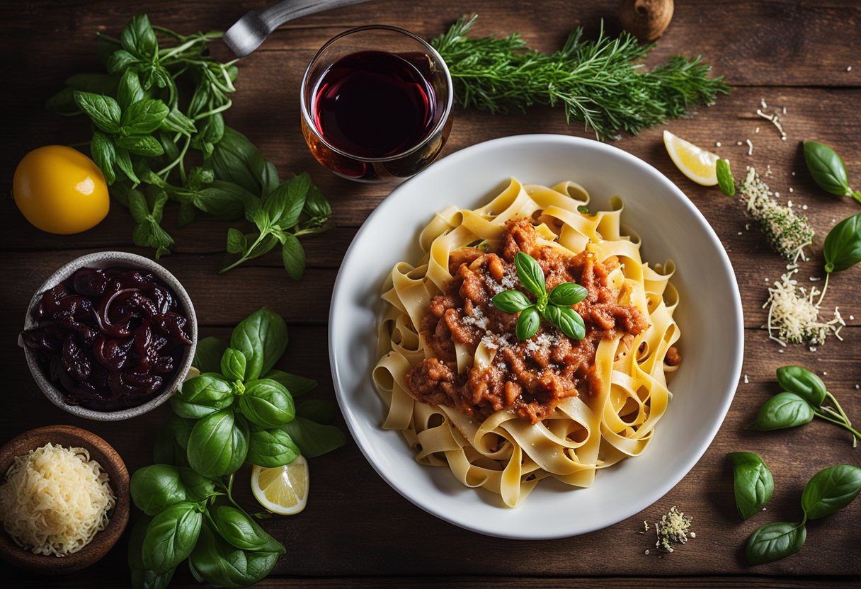 Uma tigela fumegante de tagliatelle al ragù está sobre uma mesa rústica de madeira, cercada por ervas frescas e uma garrafa de vinho tinto.