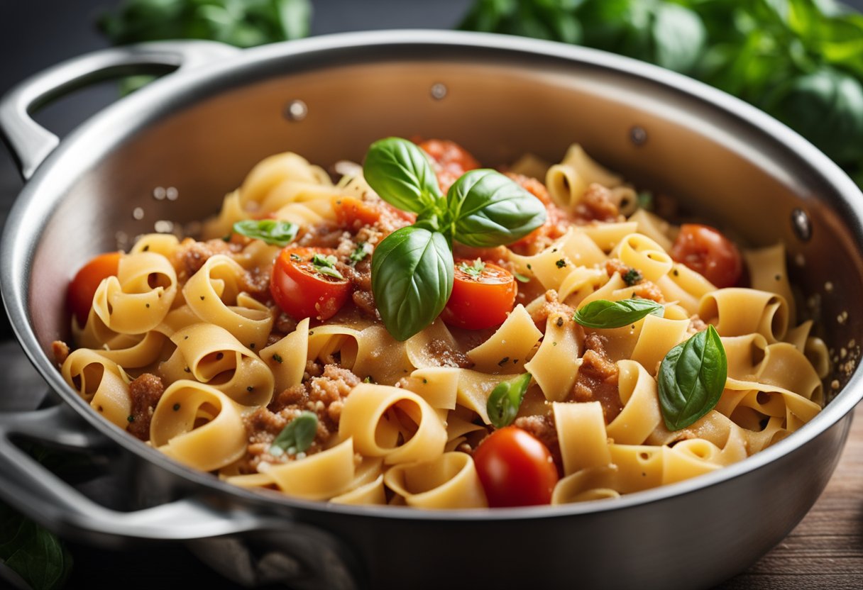 Uma panela fumegante de massa tagliatelle com molho ragù rico, cercada por tomates frescos, manjericão e queijo parmesão.