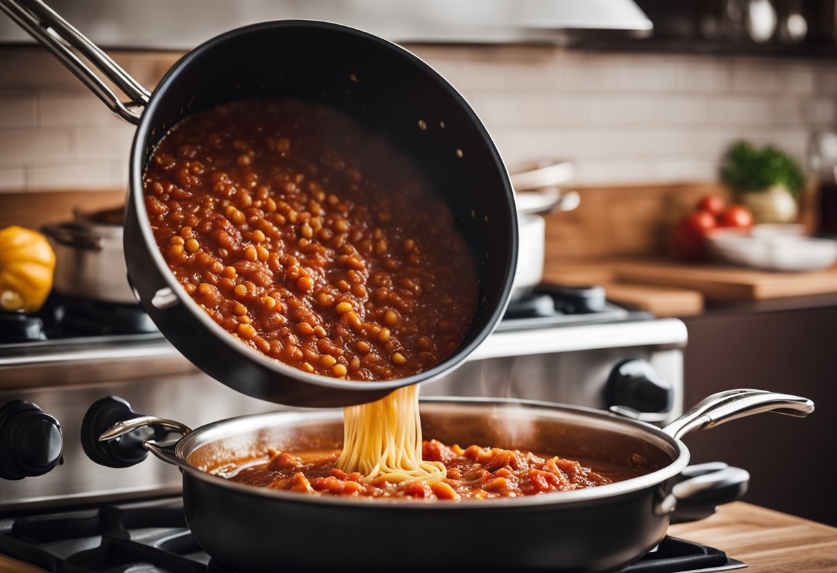 Uma panela borbulhante de ragù à bolonhesa clássica cozinha lentamente no fogão, preenchendo a cozinha com o rico aroma de tomates, ervas e carne cozida lentamente.