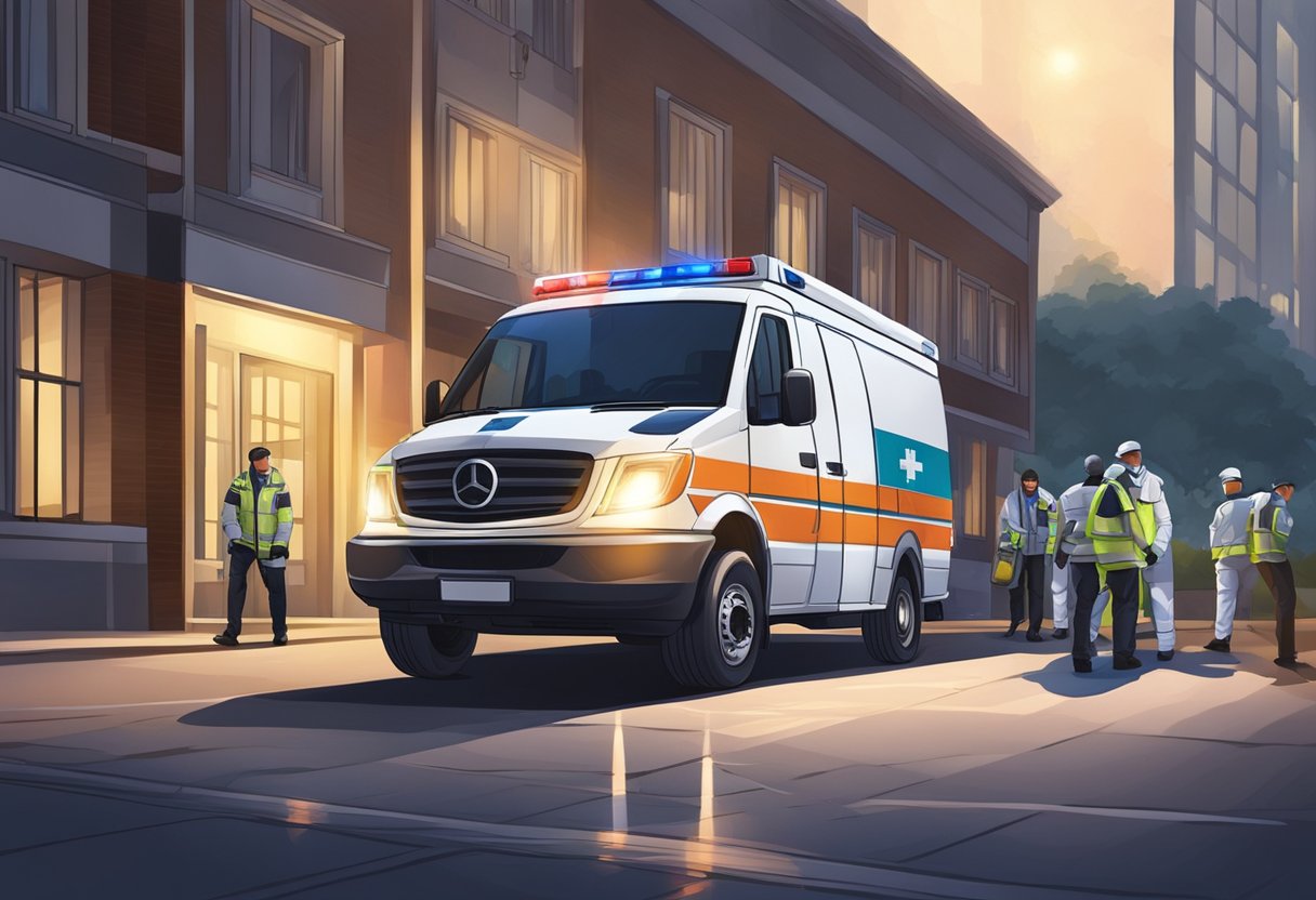 Uma ambulância particular estacionada do lado de fora de um prédio, com suas luzes piscando e os paramédicos se preparando para transferir um paciente.
