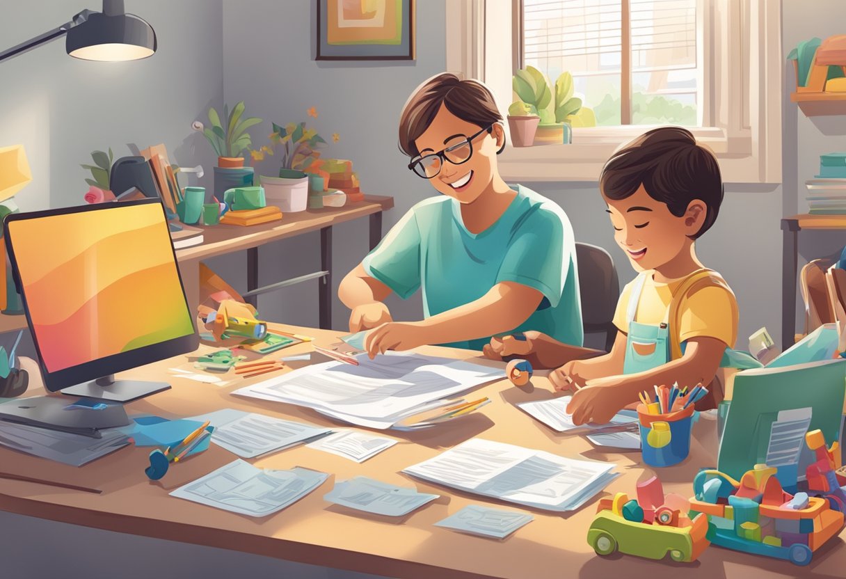 A child with a disability happily playing with toys while a parent fills out tax forms at a desk