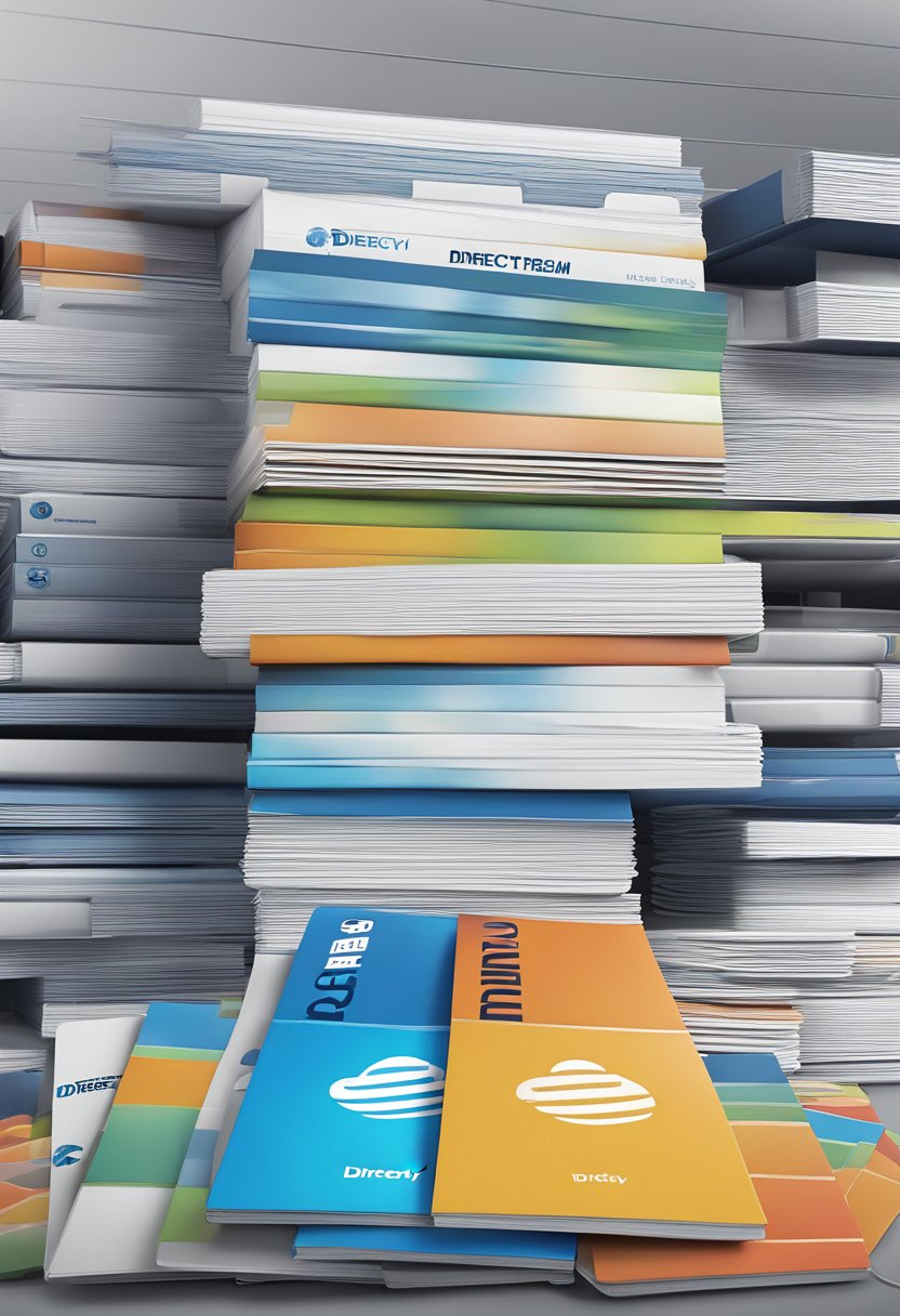 A stack of colorful brochures displaying Directv Stream packages, surrounded by a laptop and remote control