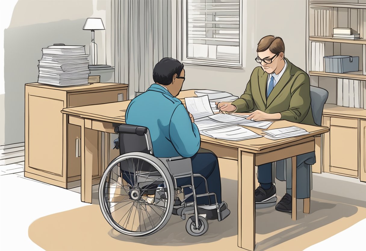 A person with a disability filling out paperwork with a government official