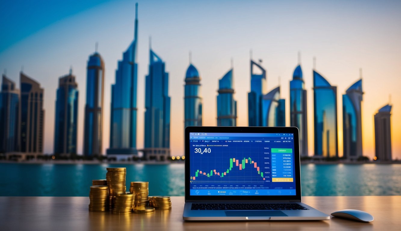 A bustling online gold trading platform set against the iconic skyline of Dubai, with digital charts and graphs indicating fluctuating gold rates