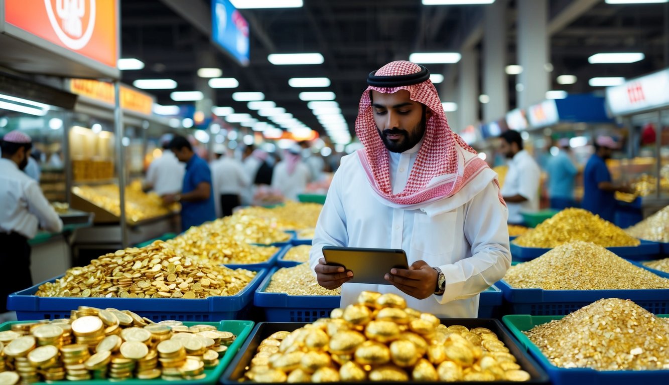 A bustling Dubai market with gold traders and digital platforms