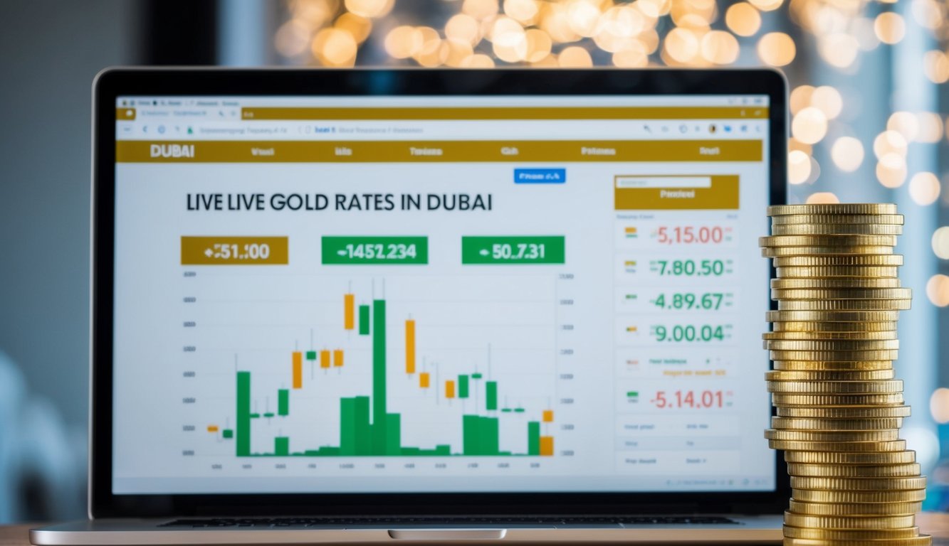 A computer screen showing live gold rates in Dubai with trading charts and graphs displayed on the online platform