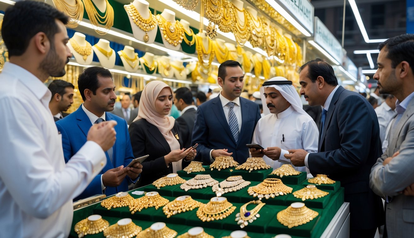 A bustling Dubai market with gleaming gold jewelry on display, surrounded by eager investors discussing investment strategies