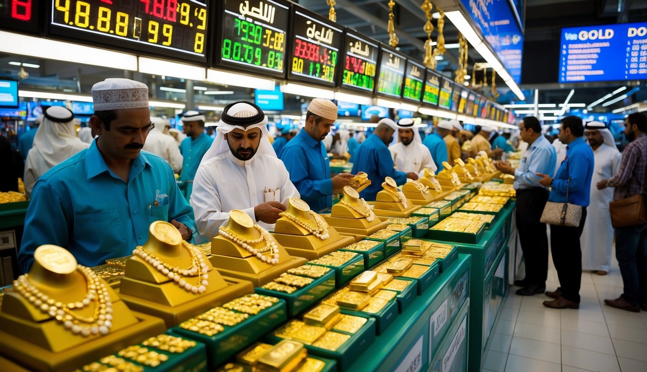 A bustling Dubai gold market with traders and customers, gold jewelry and bars on display, electronic boards showing fluctuating gold rates