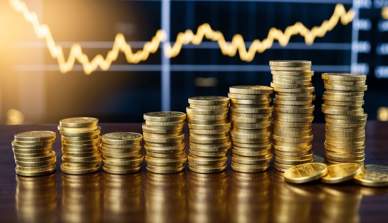 A stack of gold coins and bars arranged on a polished wooden table, with a line graph showing the fluctuating gold rates in the background