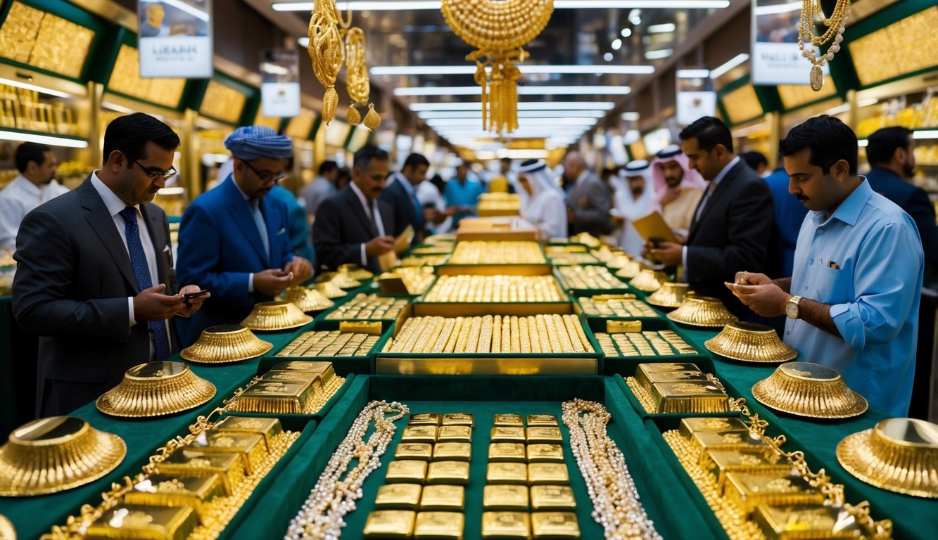 A bustling Dubai gold market with vendors displaying shimmering gold jewelry and bars, surrounded by eager investors seeking the best strategies for wise gold investing