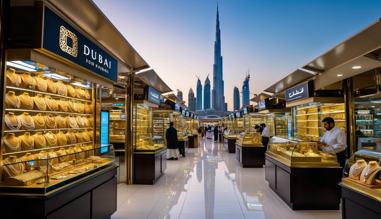 A bustling marketplace in Dubai with gold jewelry shops and online trading platforms. The iconic skyline in the background