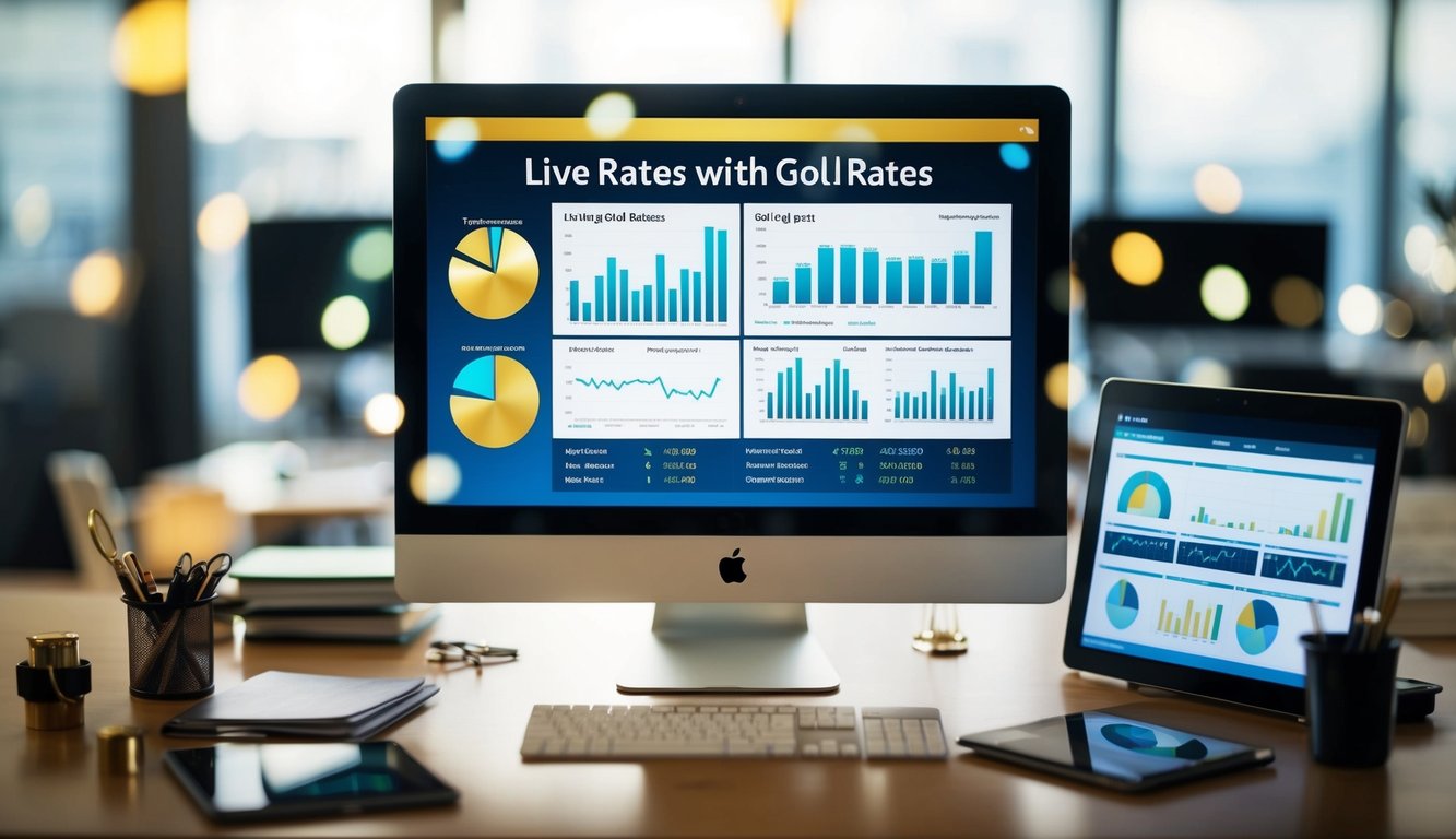 A computer screen displaying live gold rates with charts and graphs, surrounded by financial tools and resources for online gold trading