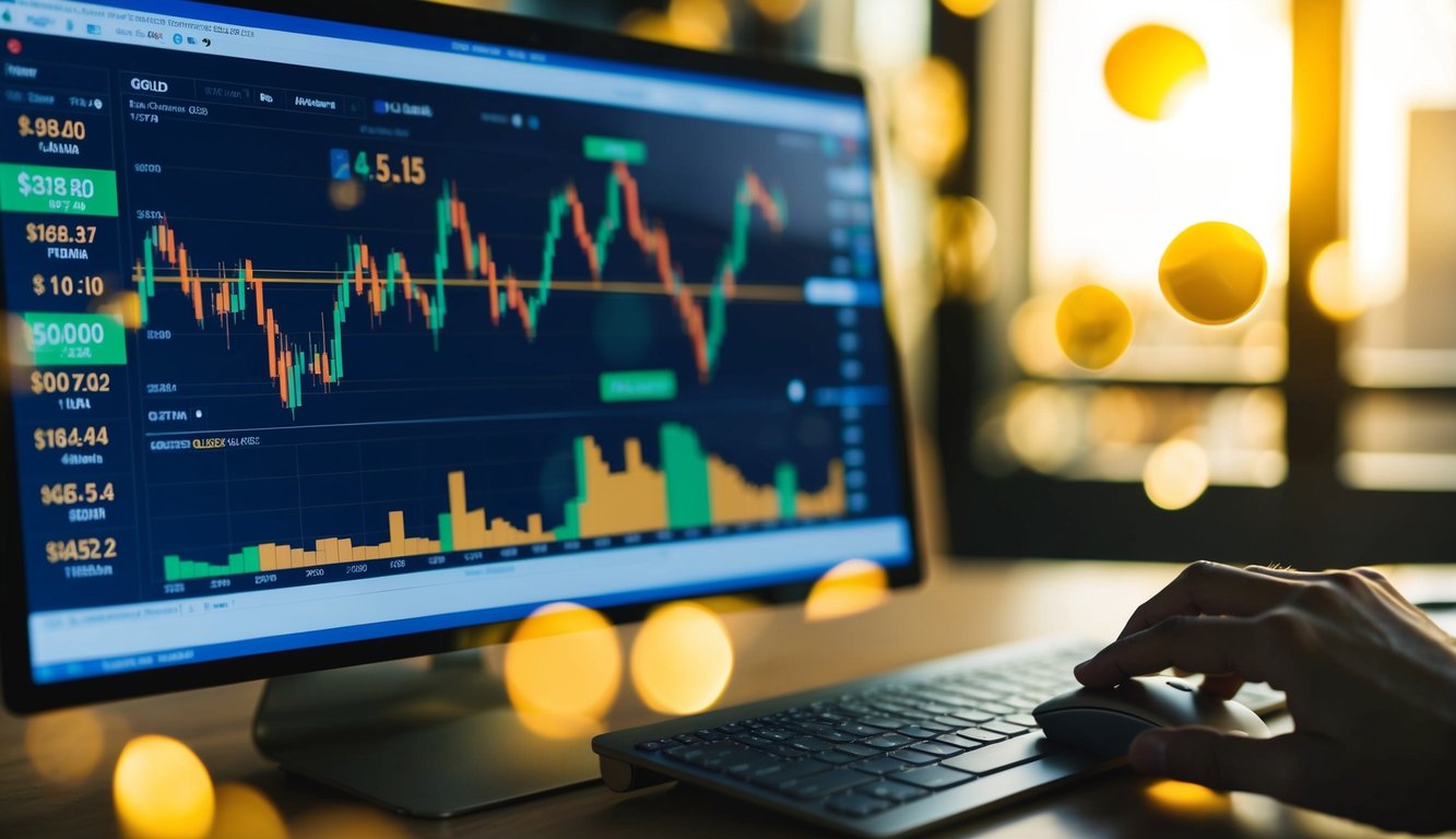 A computer screen displaying a gold trading platform with real-time gold rates, charts, and investment options. A hand reaching for a mouse to make a trade