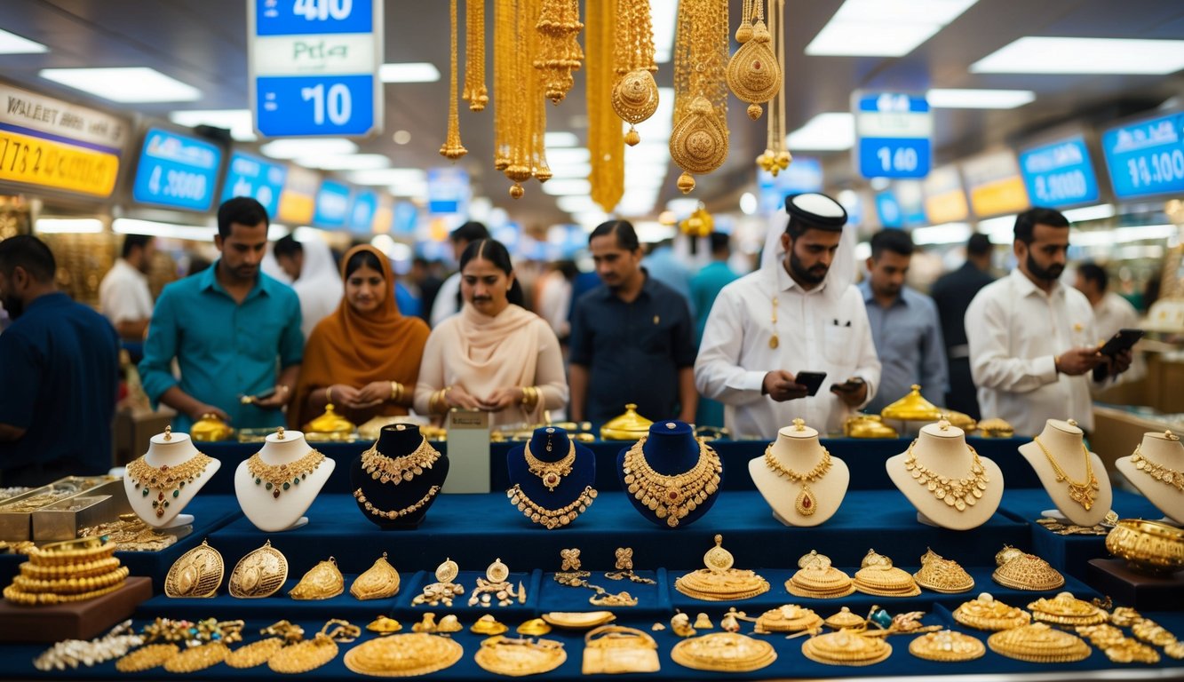 A bustling UAE gold market with traders and customers, showcasing various gold jewelry and ornaments, with fluctuating price boards in the background