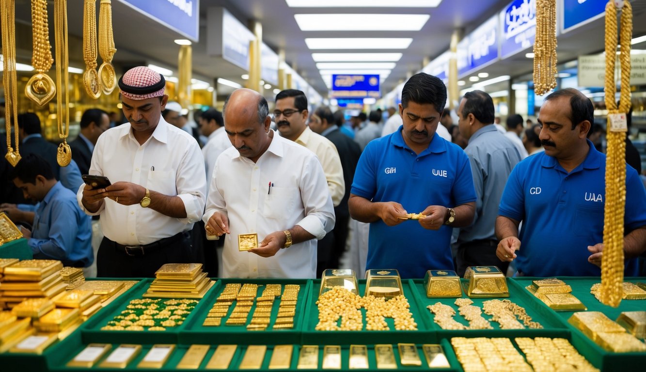 A bustling UAE gold market with traders and customers interacting, displaying various gold jewelry and bars