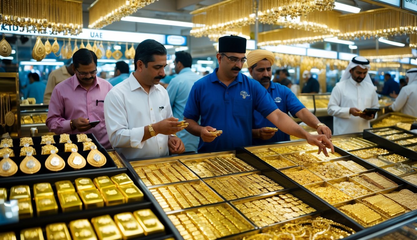 A bustling UAE gold market with traders, jewelers, and customers interacting amidst gleaming displays of gold jewelry and bars