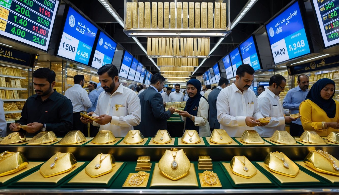 A bustling UAE gold market with traders and customers, displaying various gold jewelry and bars, while prices fluctuate on digital screens