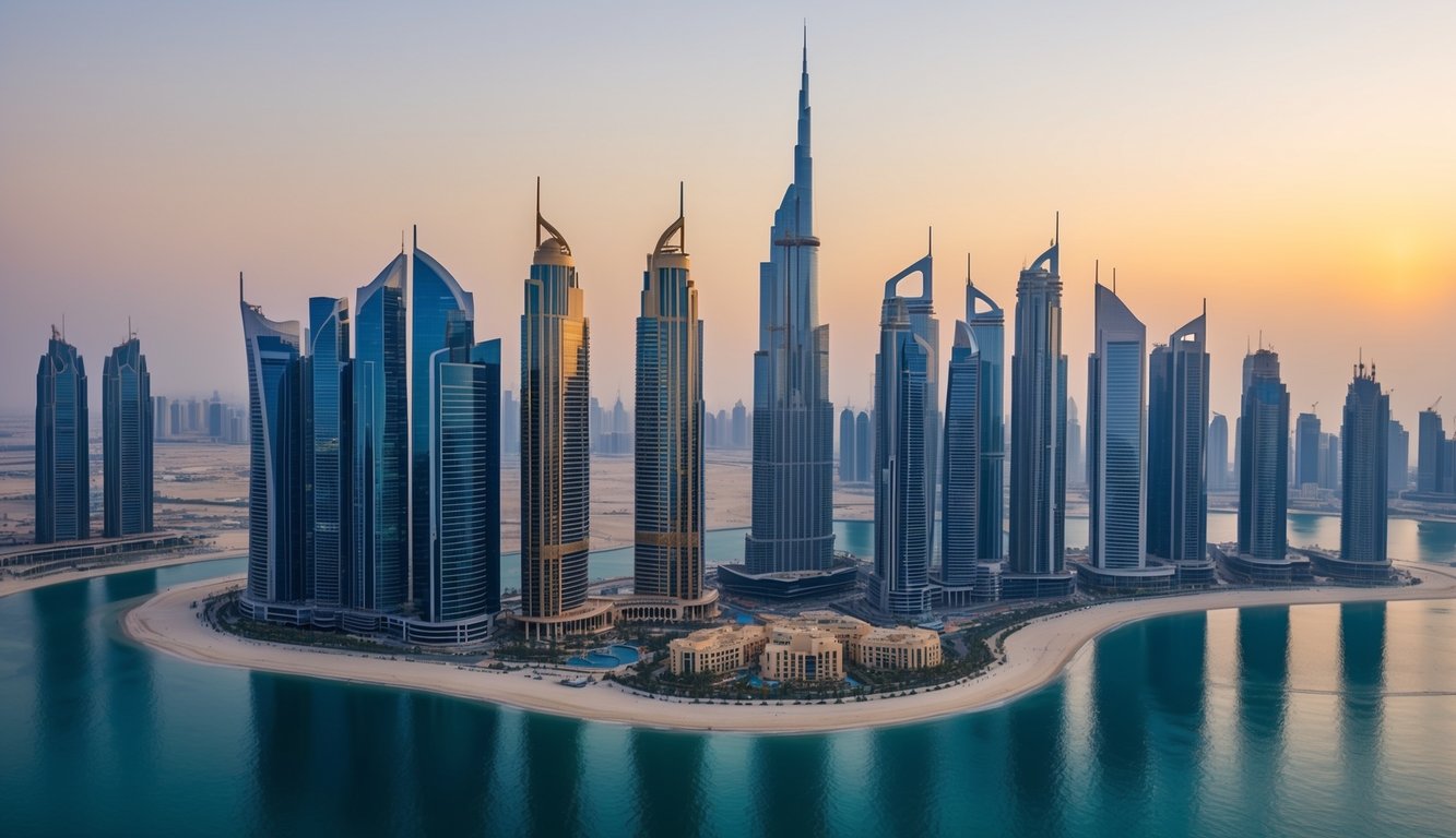 A panoramic view of the Dubai skyline with a prominent gold market, financial charts, and experts analyzing data