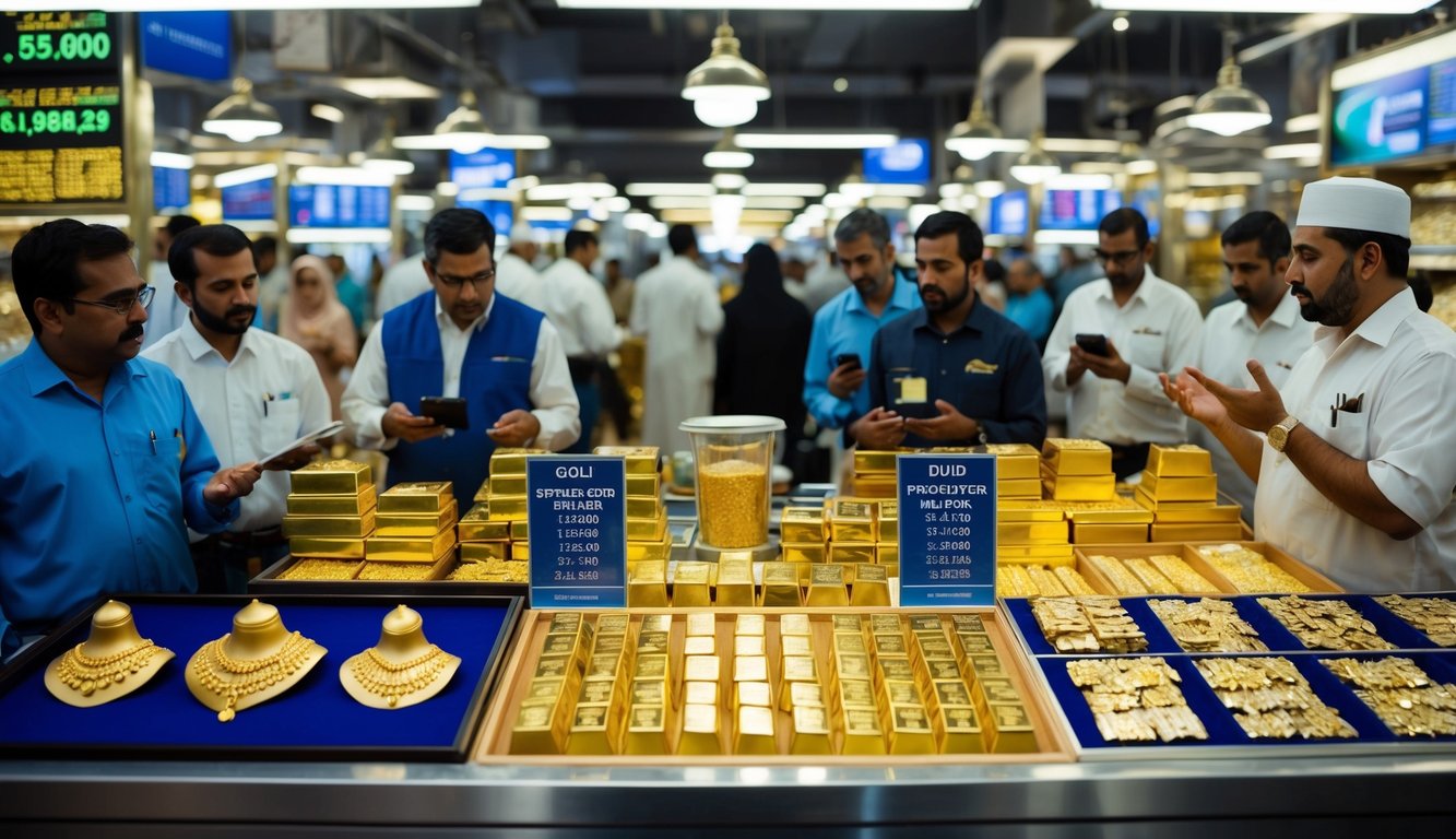 A bustling Dubai gold market with traders and customers, gold jewelry and bars on display, and experts discussing price predictions