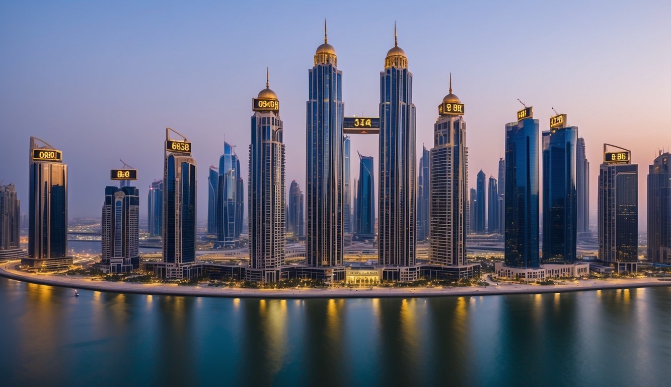 A bustling Dubai skyline with gold price charts and economic indicators displayed on digital screens