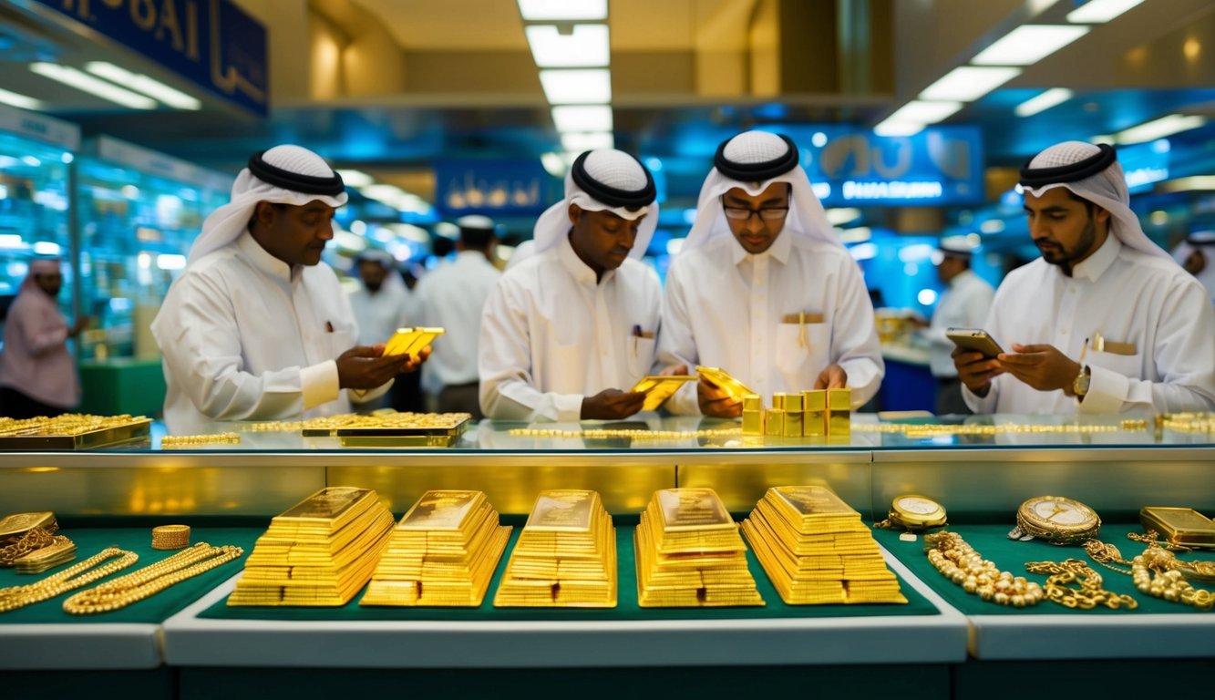 A bustling Dubai gold market with traders analyzing price trends and discussing investment strategies. Glowing gold bars and jewelry on display