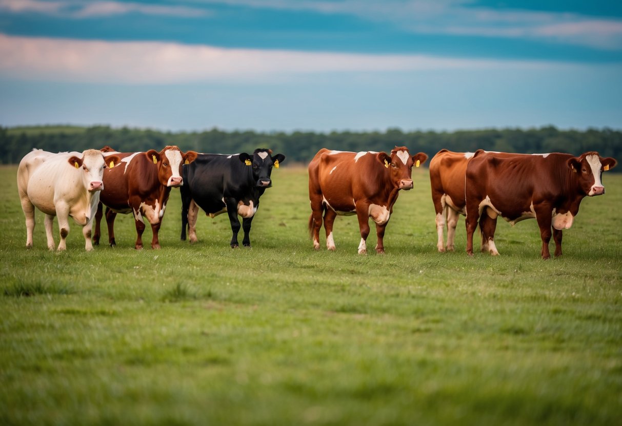 A pasture with various rare cattle breeds grazing peacefully