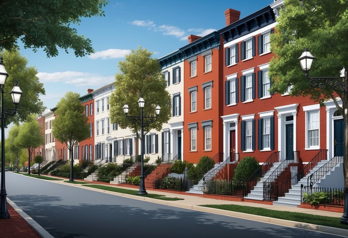 A row of historic townhouses on Townshend Road, lined with trees and vintage street lamps, ready for rent