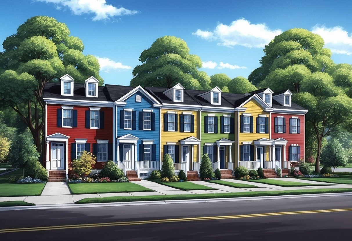 A row of colorful townhouses on Townshend Road, surrounded by lush green trees and a clear blue sky