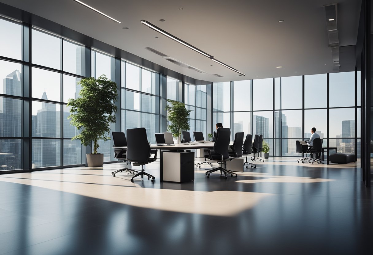 A modern office with sleek furniture and a large window. A group of professionals in suits discussing tax law