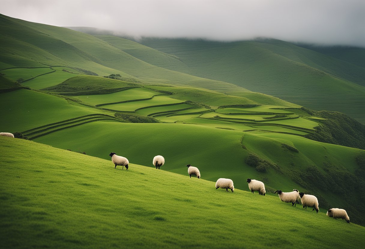 A lush green landscape with rolling hills, dotted with sheep and bordered by a rugged coastline. The sky is overcast, with a hint of mist in the air