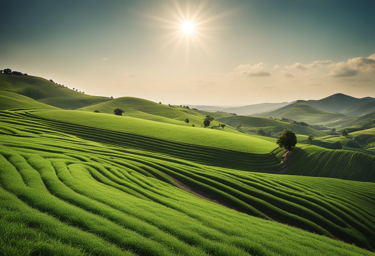 Lush green fields dotted with mounds of rich, dark soil, surrounded by rolling hills and a clear blue sky