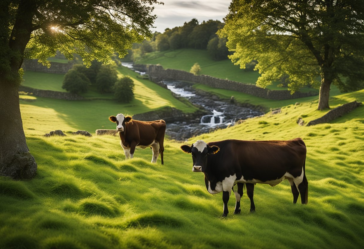 A lush green field with a stream, surrounded by stone walls. A pair of Irish Moiled cattle graze peacefully, with a calf nearby