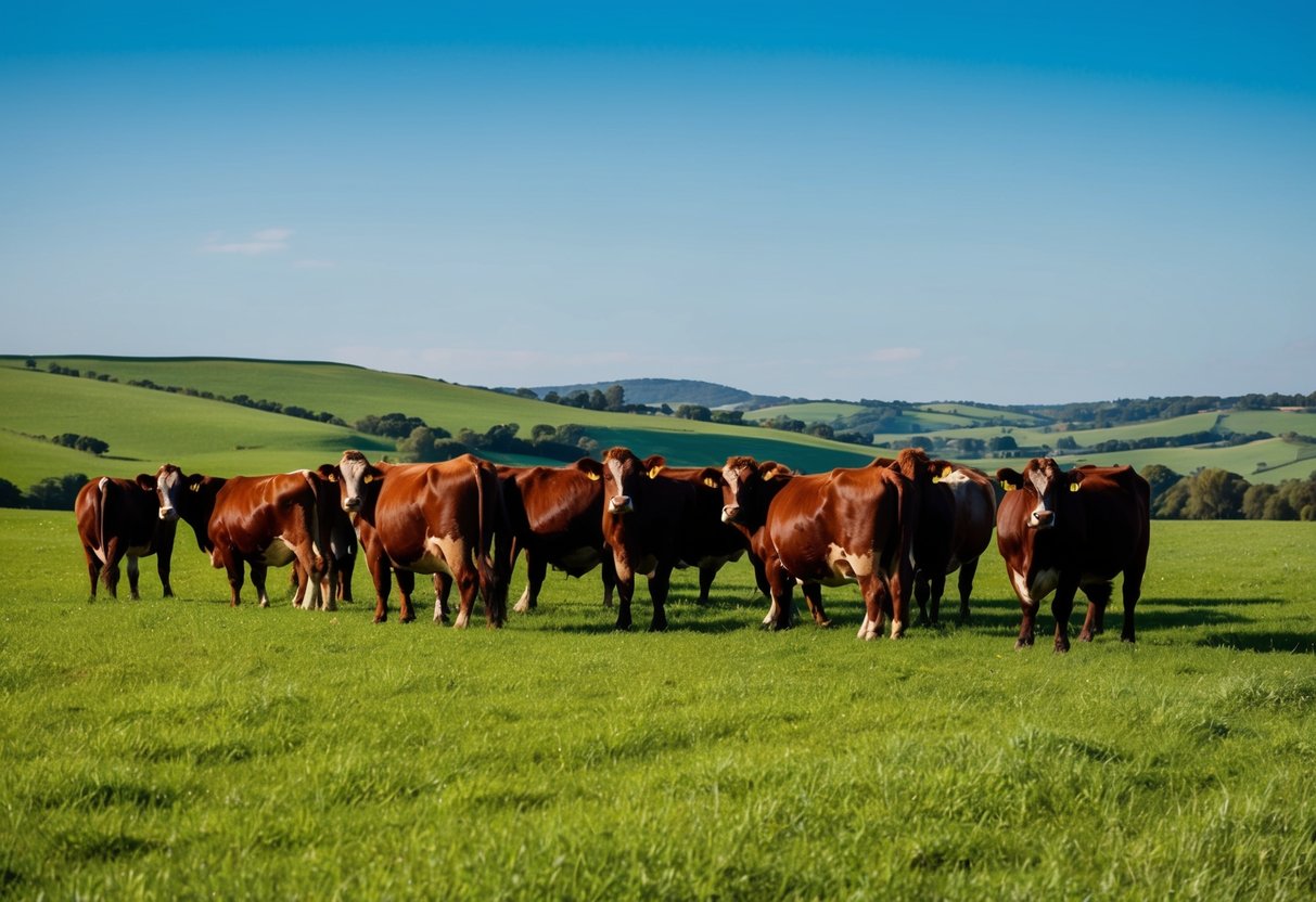 Vaynol cattle grazing in a lush green pasture, surrounded by rolling hills and a clear blue sky