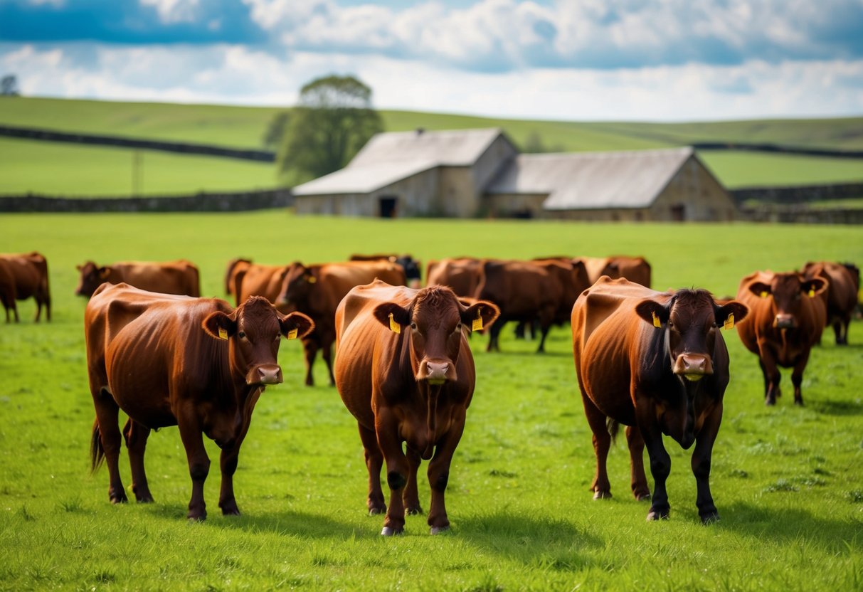 Vaynol cattle grazing in lush green pastures, with a backdrop of rolling hills and a traditional farmstead in the distance