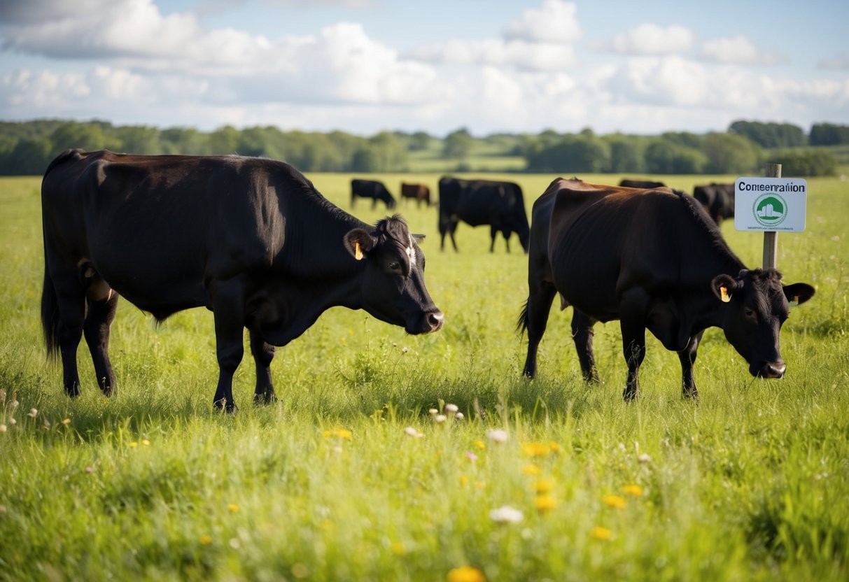 Vaynol cattle grazing in a lush, protected meadow with a conservation sign nearby