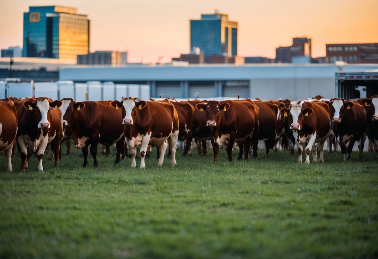 A herd of Vaynol cattle graze in a modern urban setting, surrounded by distribution centers and city buildings