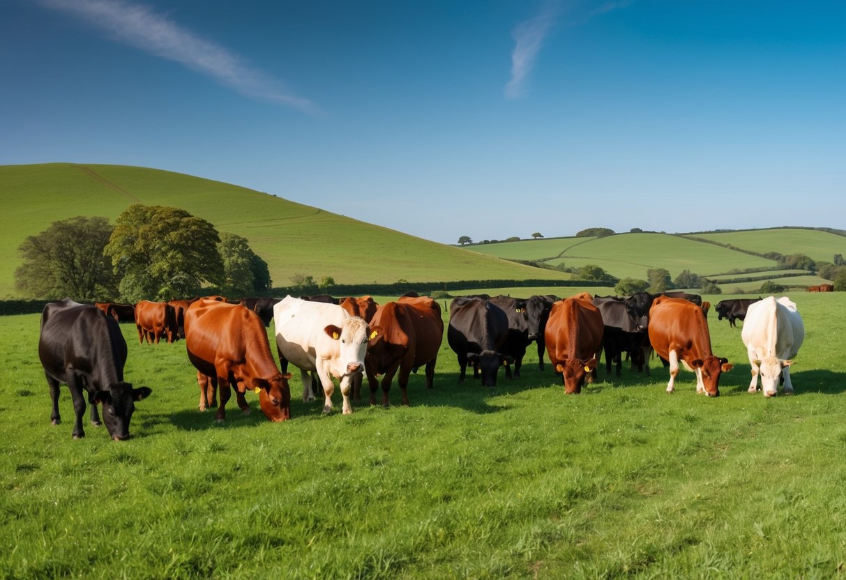 A herd of Vaynol cattle grazing in a lush green pasture, with rolling hills and a clear blue sky in the background