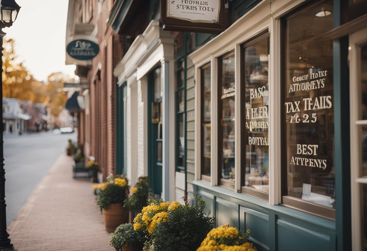 A quaint town square with a row of historic buildings, a sign reading "Best Tax Attorneys in Front Royal" hangs above a charming storefront
