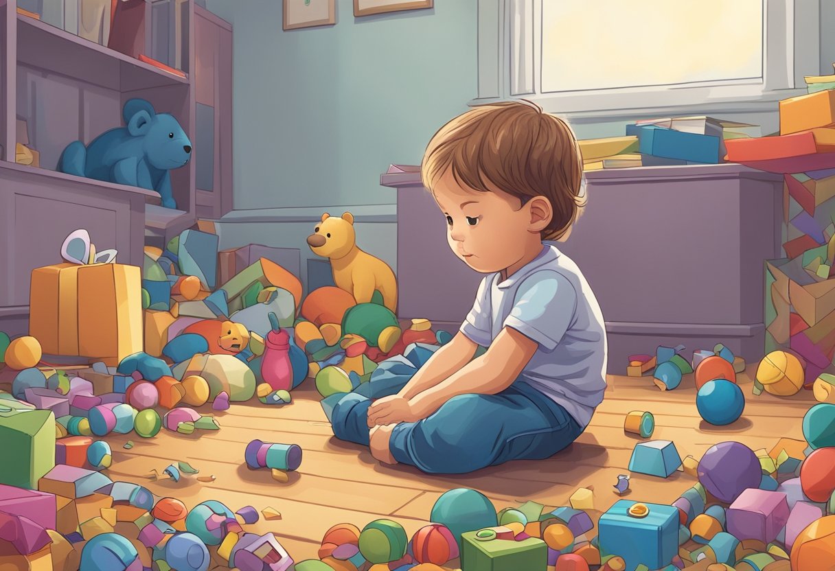 A child sitting on the floor, surrounded by scattered toys, with a tearful expression as they search for their lost favorite toy