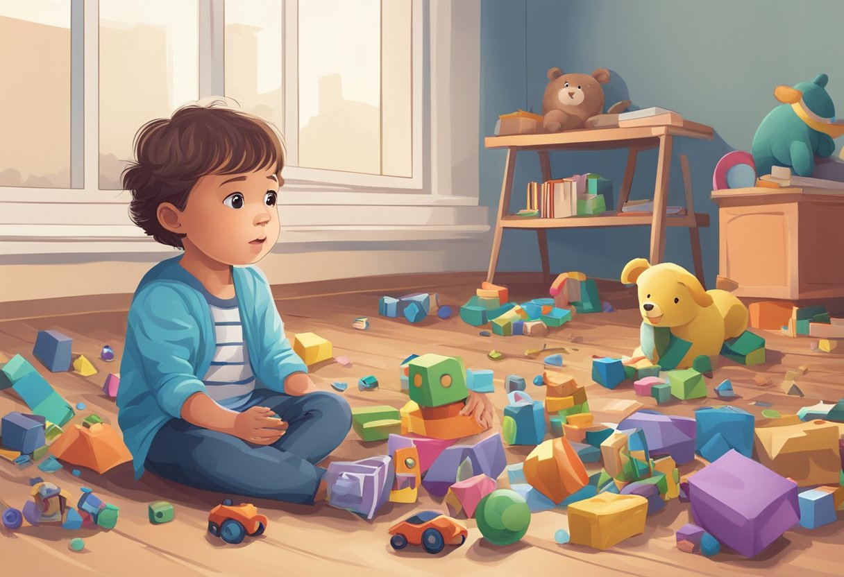 A child sits on the floor, surrounded by scattered toys. Their favorite toy is missing, and they are looking around with a worried expression