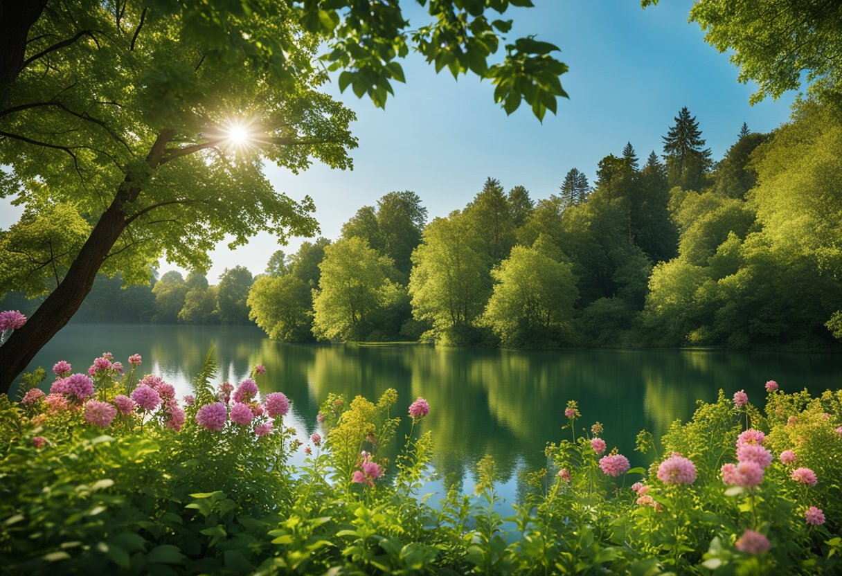 A serene landscape with a calm, still body of water surrounded by lush, green trees and colorful flowers, with a clear blue sky overhead