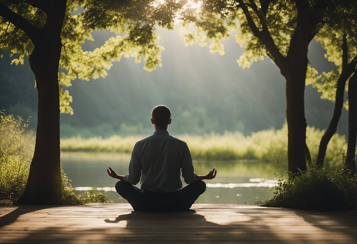 A serene figure sits cross-legged in a peaceful natural setting, surrounded by stillness and tranquility. The atmosphere exudes calmness and inner peace