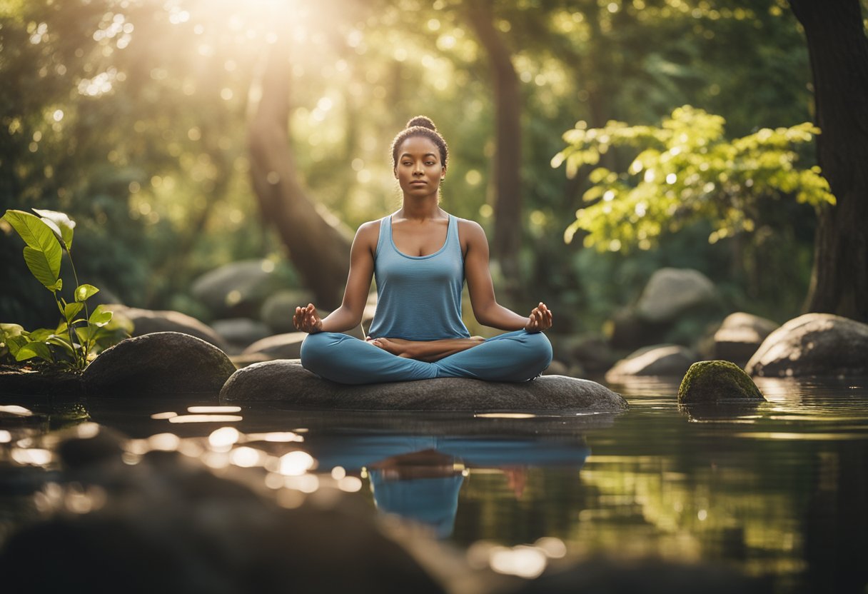 A serene figure meditating in a tranquil natural setting, surrounded by calming elements like water, trees, and gentle sunlight