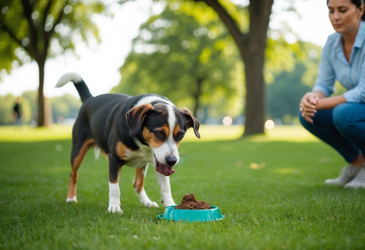 Un chien grignotant des excréments dans un parc, avec un propriétaire inquiet à proximité