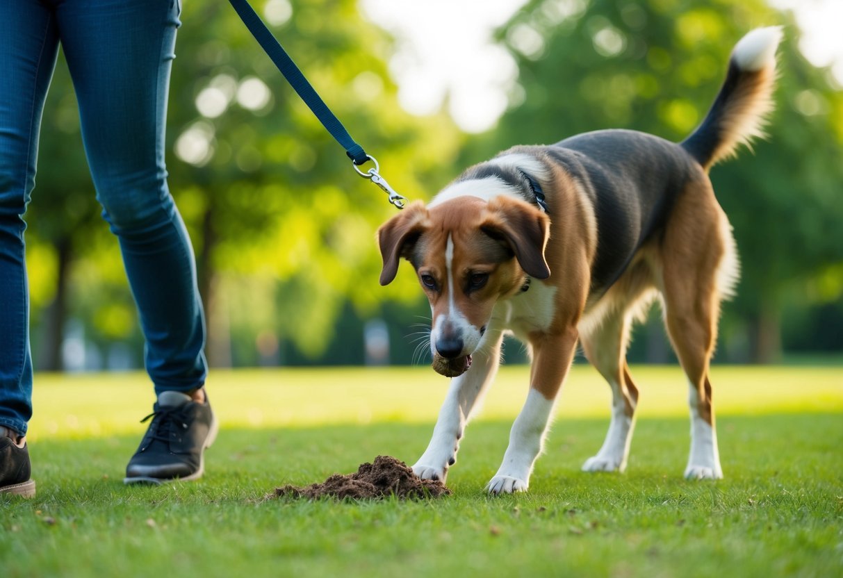 Un chien en laisse se promène dans un parc, reniflant puis mangeant des excréments.