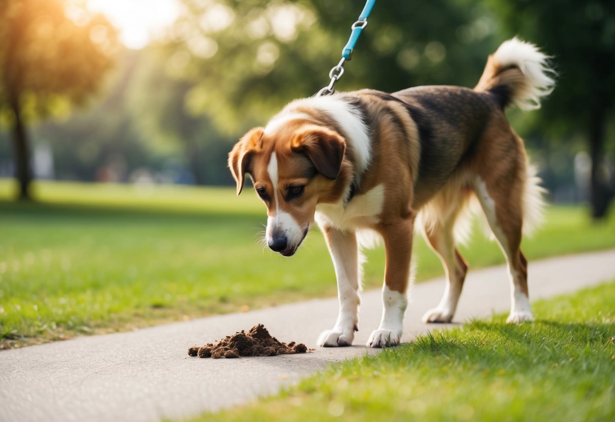 Un chien se promenant dans un parc, s'arrêtant pour renifler et manger des excréments.