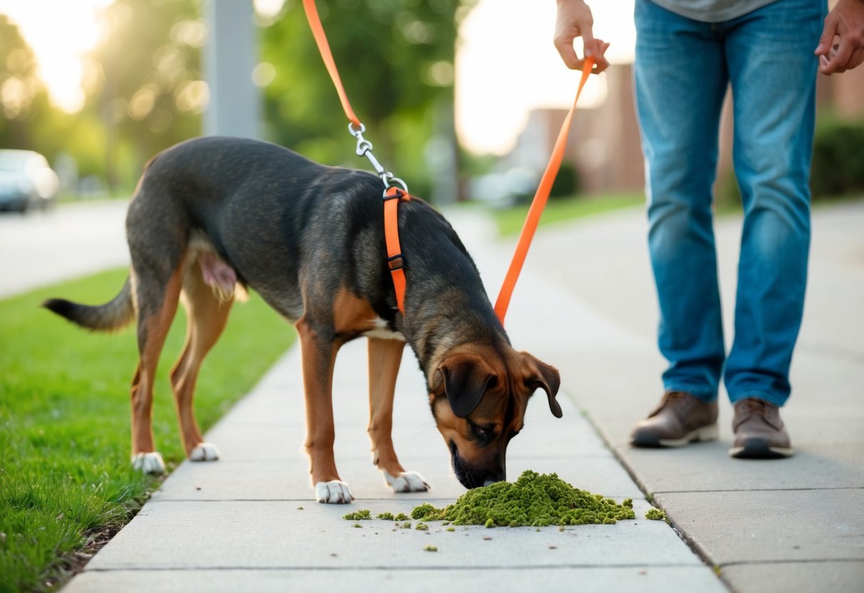 Un chien en laisse renifle et mange des excréments sur un trottoir tandis que le propriétaire regarde avec inquiétude.