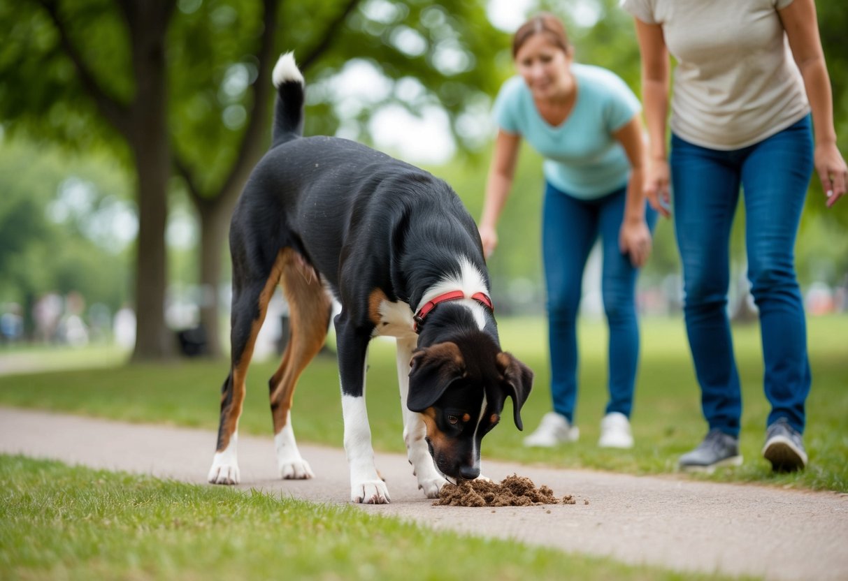 Un chien se promenant dans un parc, reniflant et mangeant des excréments, avec un propriétaire inquiet qui regarde.
