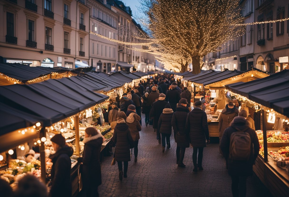 A bustling Christmas market with colorful stalls, twinkling lights, and a giant festive tree in the center. Crowds of people browse and enjoy the holiday atmosphere